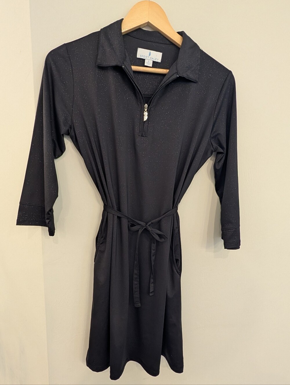 Sport Haley Active Black Sparkle Dress With Tie Belt 1/4 Zip Owl Zip-Pull Small